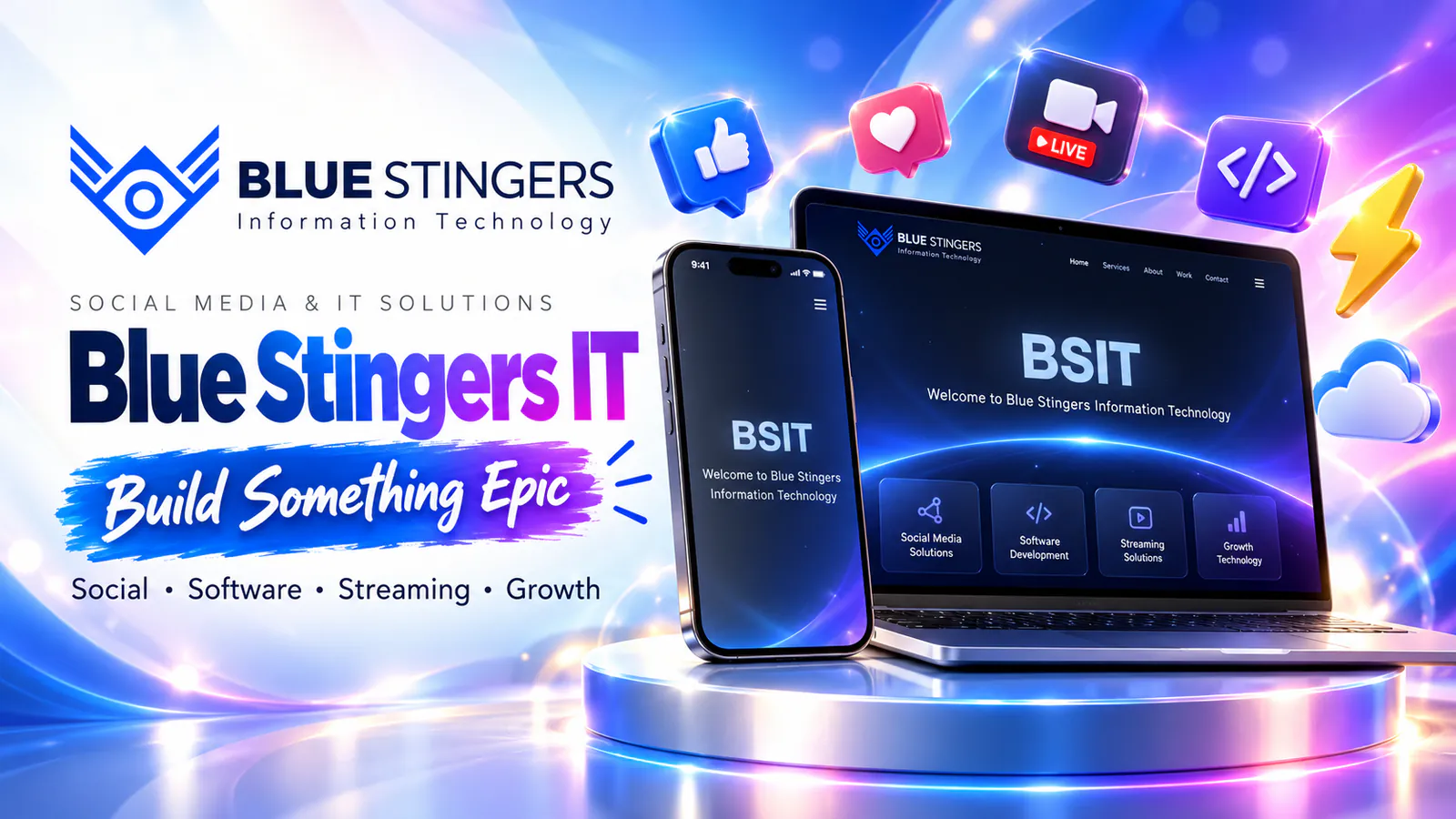 Blue Stingers IT company website banner showing the BSIT homepage on a laptop and phone