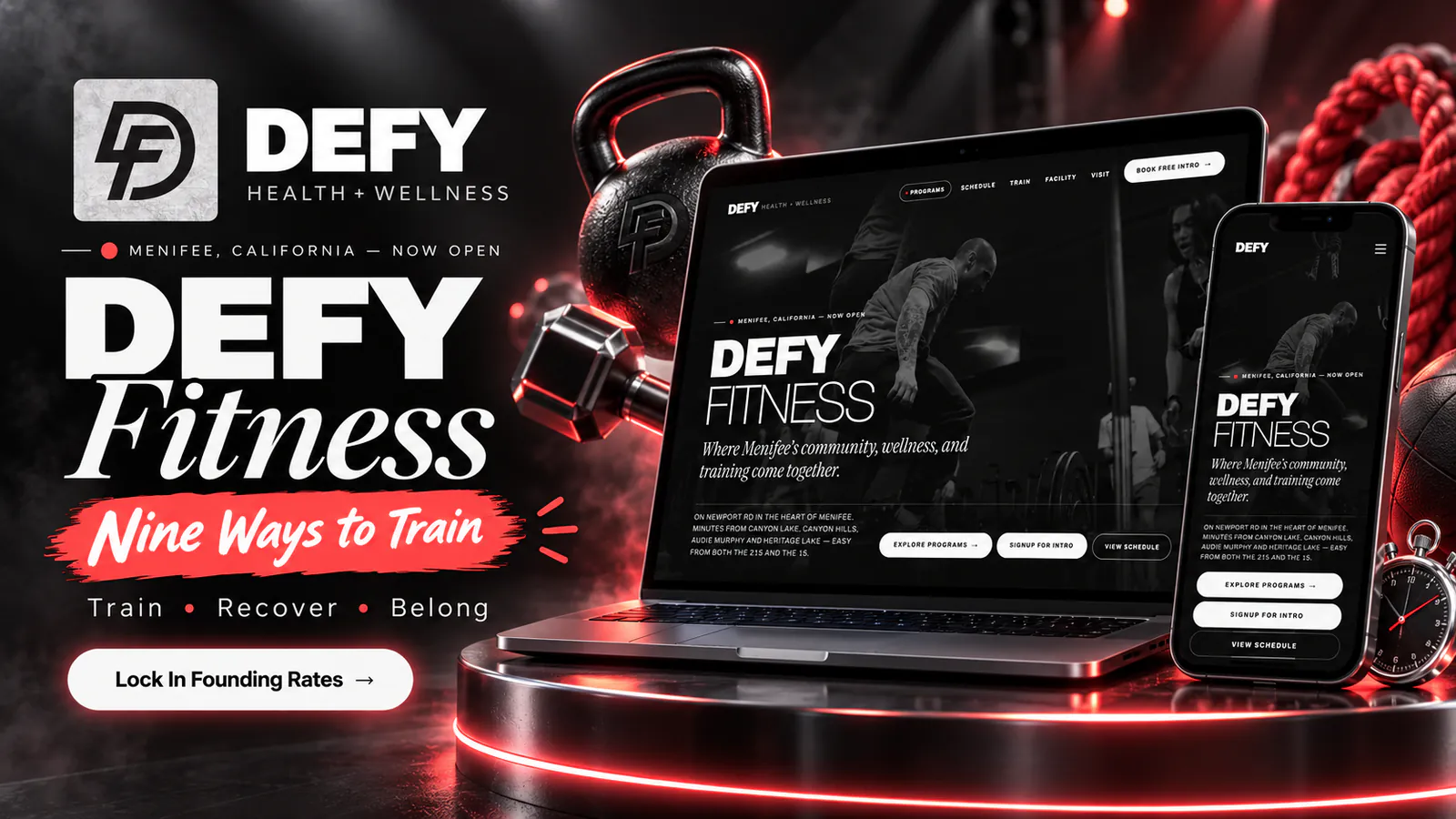 DEFY Fitness Menifee website banner showing the studio homepage on a laptop and phone, with Nine Ways to Train