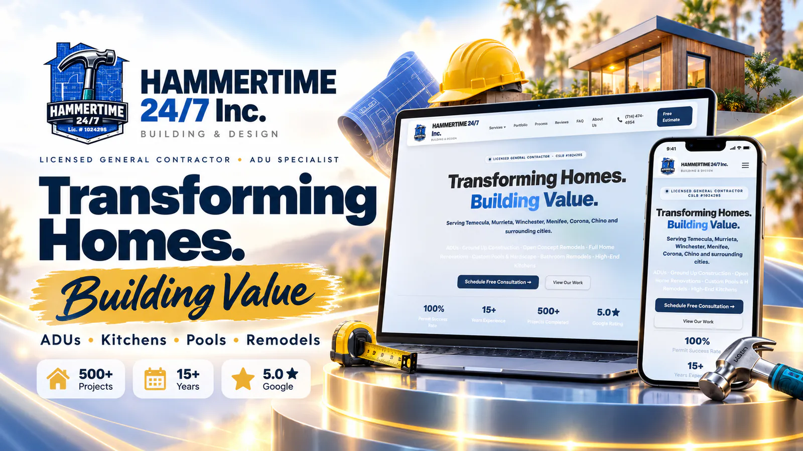 Hammertime 24/7 general contractor website banner showing the Transforming Homes homepage on a laptop and phone