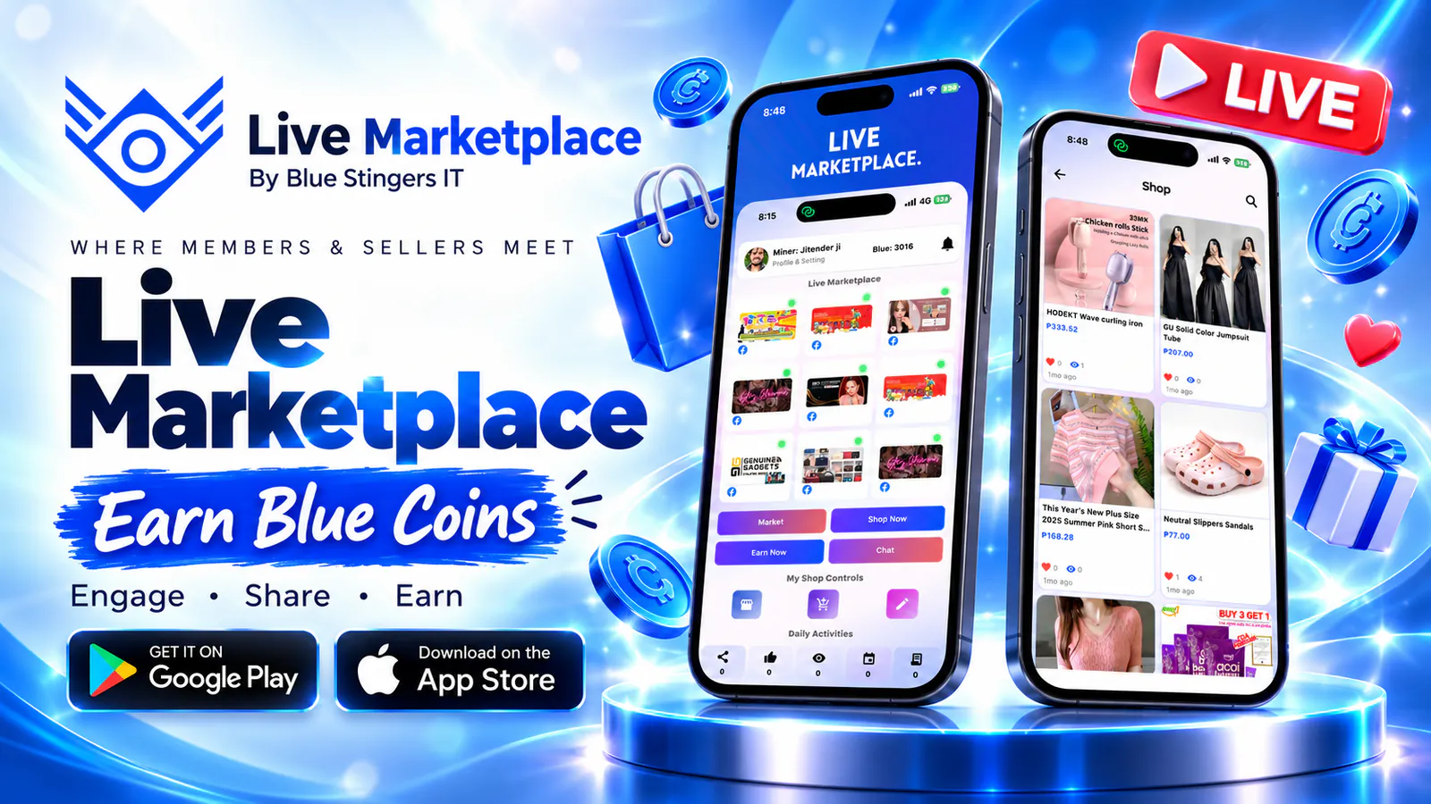 Live Marketplace social commerce app banner showing the live seller marketplace and shop screens, with Earn Blue Coins