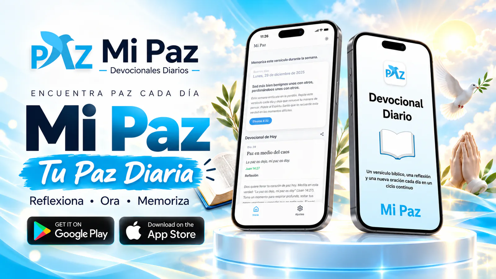 Mi Paz Spanish Christian devotional app banner showing the daily devotional and verse screens on two iPhones