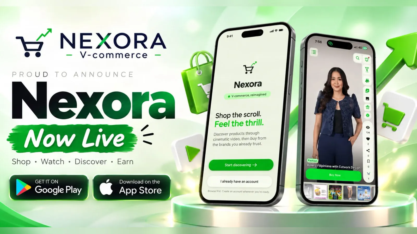 Nexora V-commerce app banner showing the video shopping feed on two phones with Google Play and App Store badges