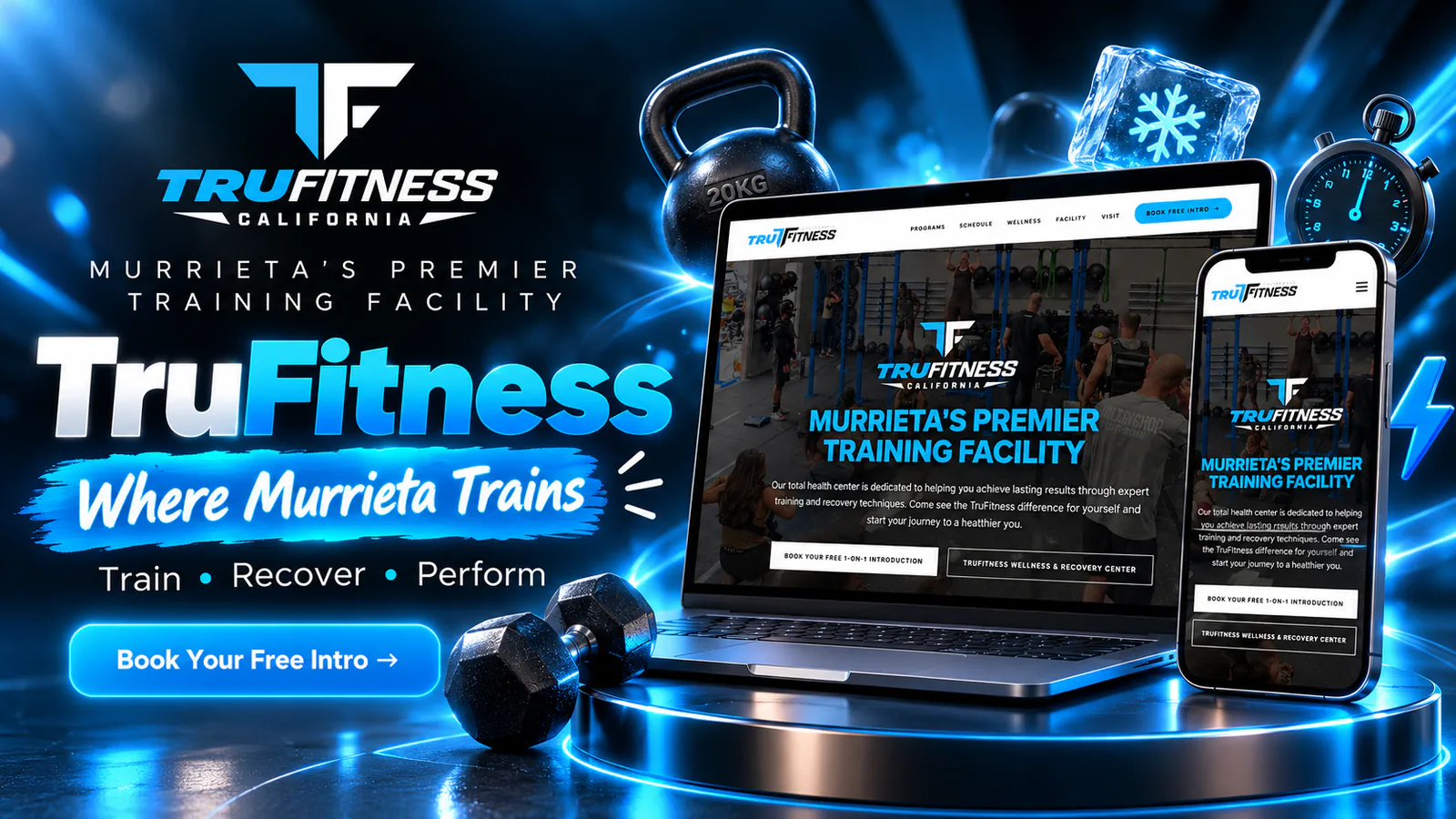 TruFitness Murrieta gym website banner showing the training facility homepage on a laptop and phone